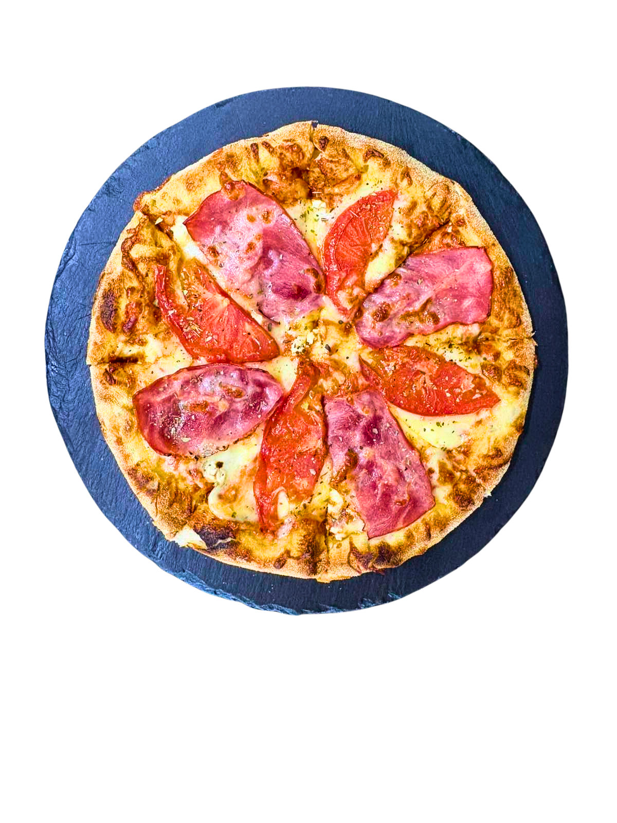 Pizza with tomato sauce, bacon, cheese, yellow cheese, tomato and oregano 25sm/380gr