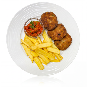 Fried meatballs with potatoes and chutney