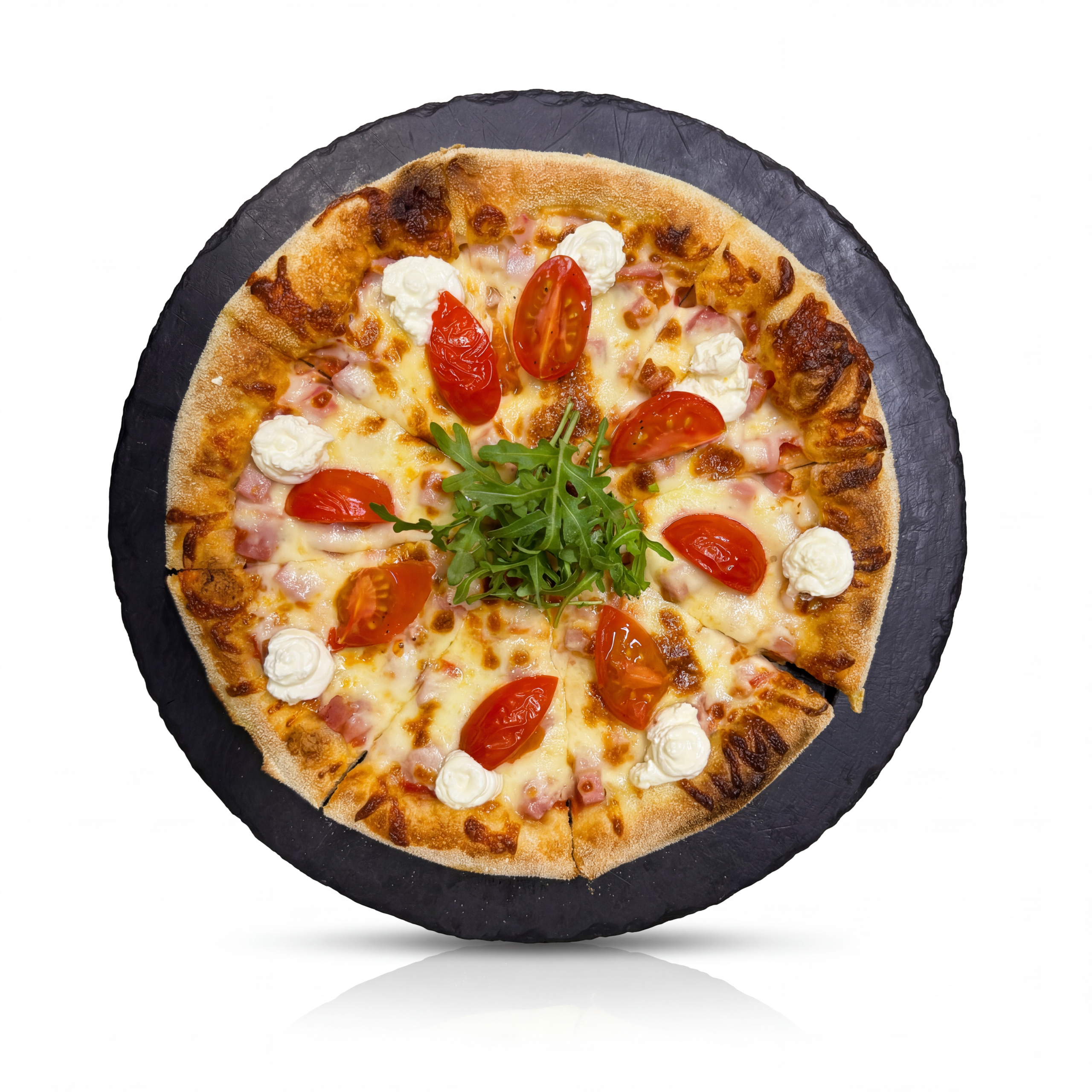 Pizza with ham, cherry tomatoes, Philadelphia cheese and Mozzarella 25sm/380gr